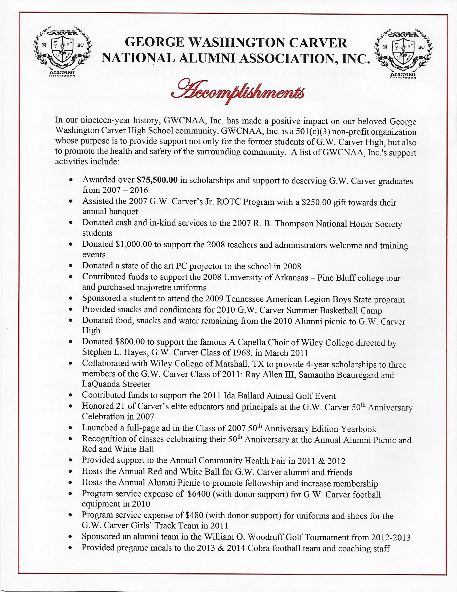 Accomplishments document page 1