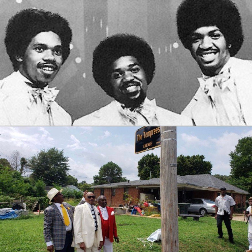 Vintage black and white photo of three men in white suits