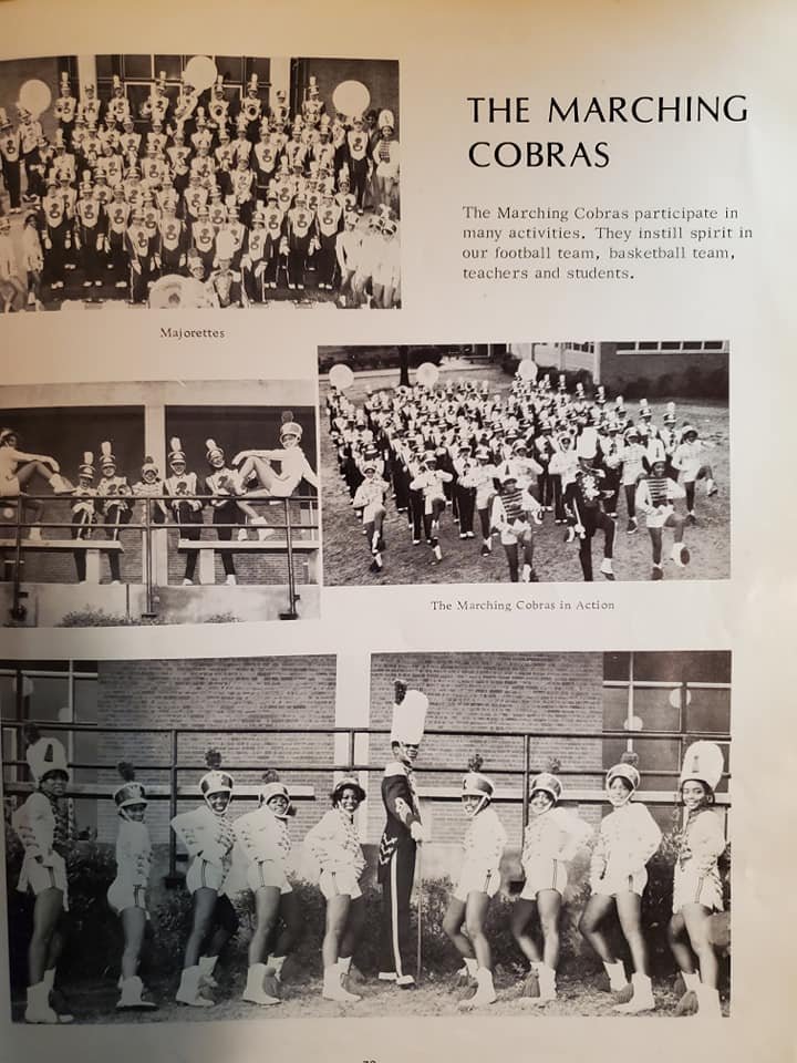 Vintage yearbook page showing marching band and majorettes