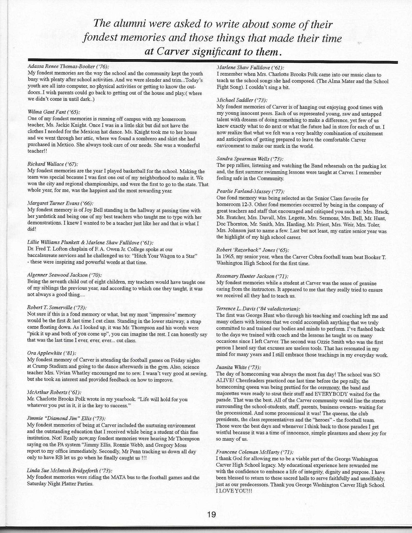 Alumni memories text page with recollections