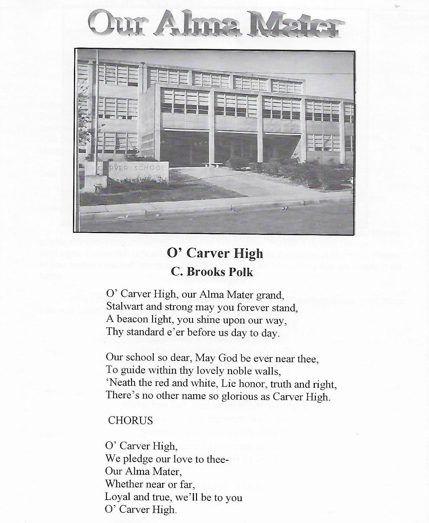 Our Alma Mater school building with song lyrics