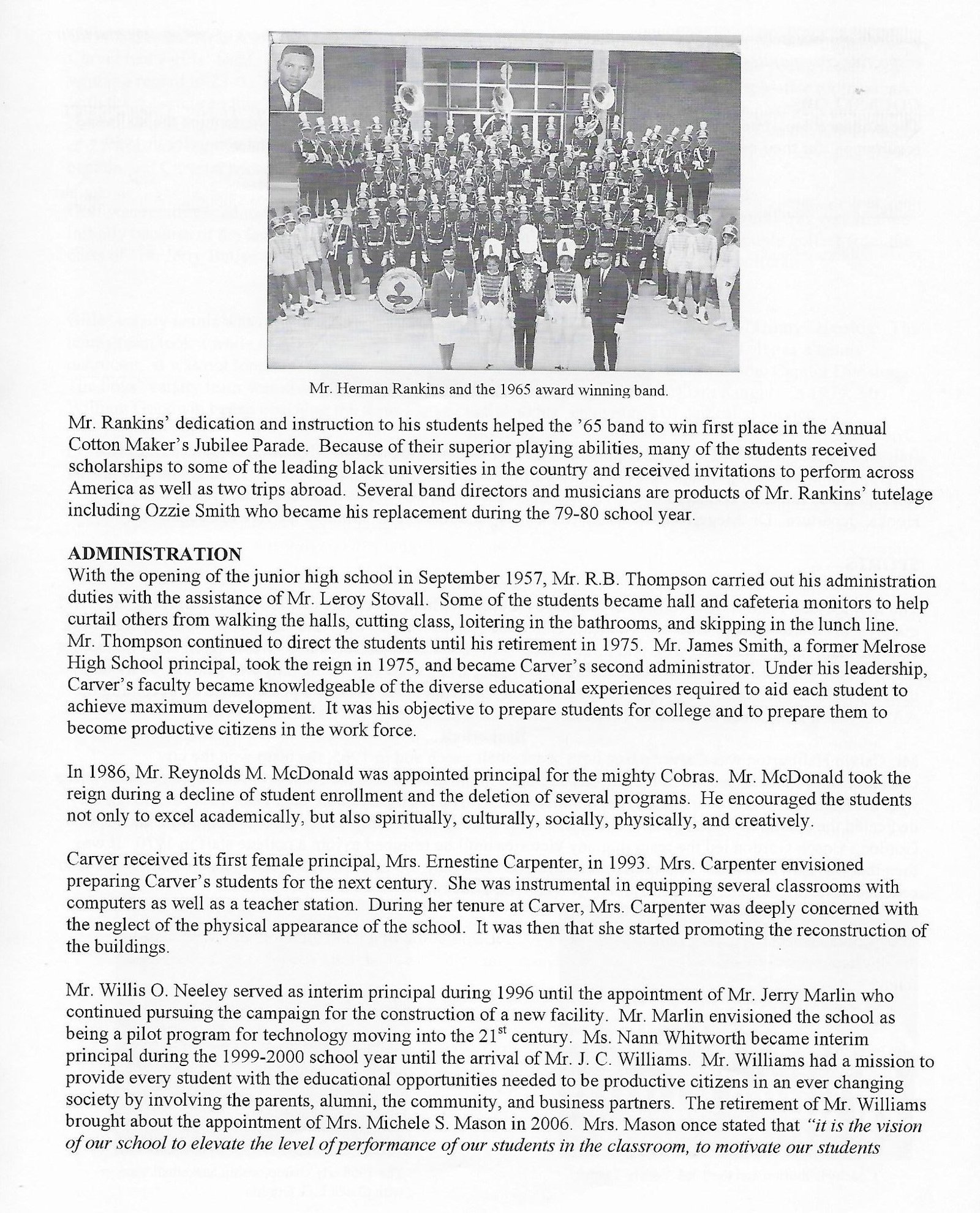 Band photo with Mr. Herman Rankins 1965 award-winning band